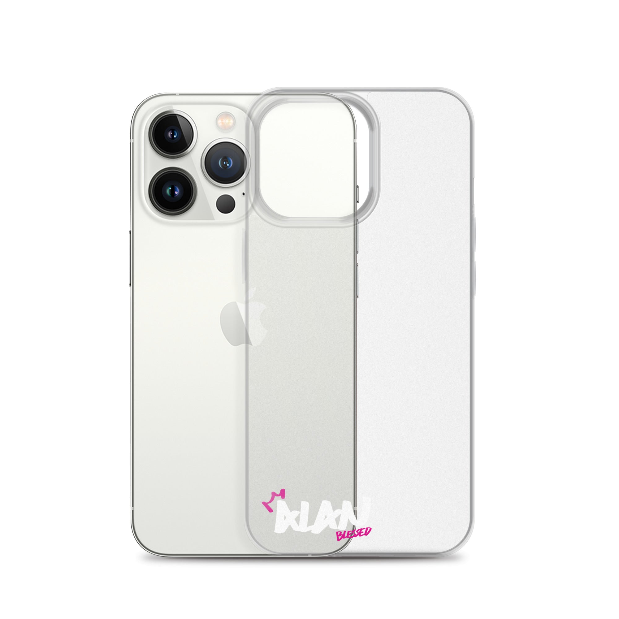 Clear iPhone Case White Text - Alan Blessed